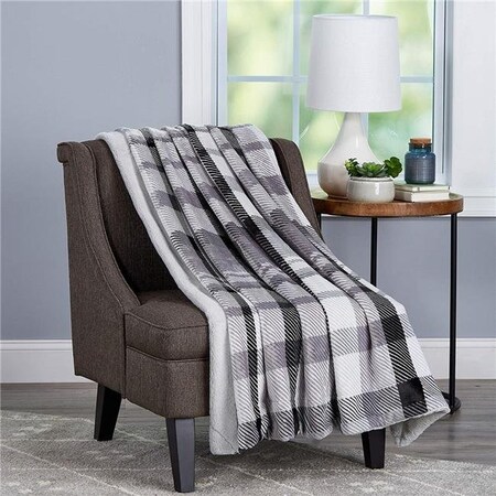 Bedford Home Bedford Home 66A-34991 Soft Hypoallergenic Plaid Printed Flannel Blanket with Solid Faux Fur Rabbit Back Throw Luxurious; 60 x 70 in. - Grey 66A-34991